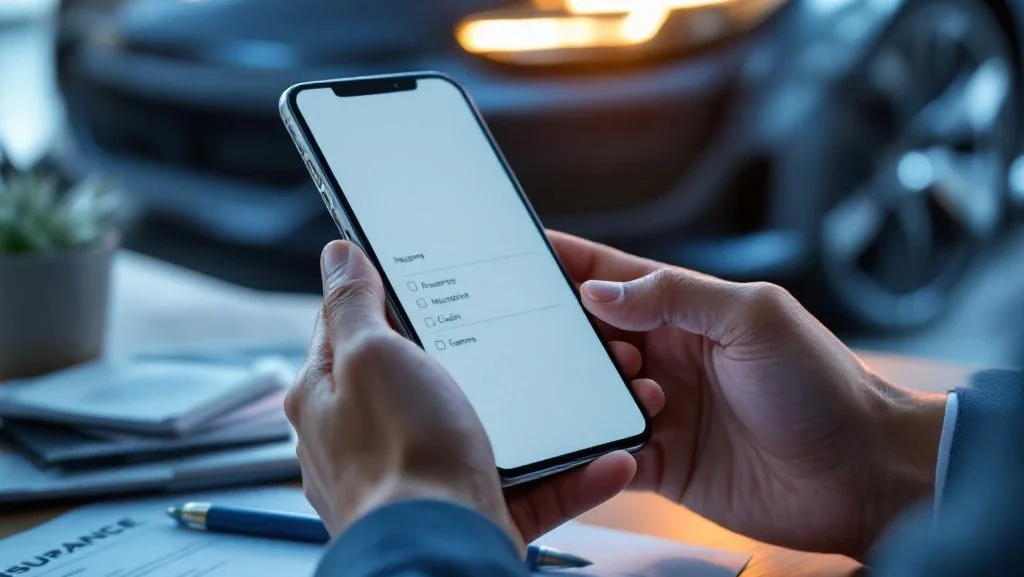 Handen met smartphone tonen digitaal verzekeringsclaim formulier, auto op achtergrond, documenten op bureau