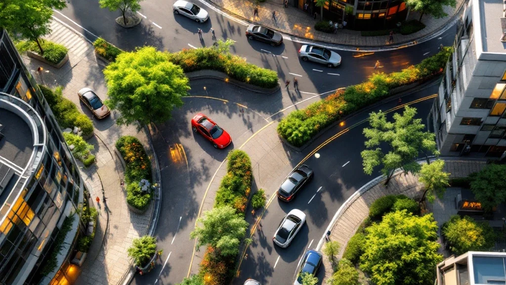Luchtfoto van duurzame stadskruising in 2025 met elektrische auto's, verticale tuinen en zonnepanelen op gebouwen