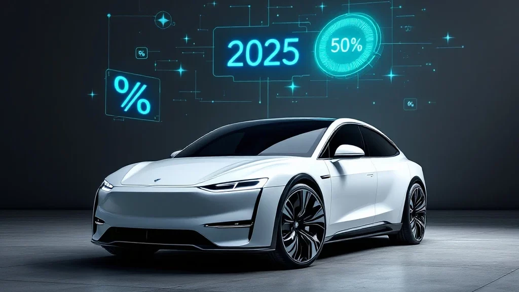 Witte elektrische auto met LED-koplampen en holografische "2025" elementen op betonnen oppervlak in moderne studio