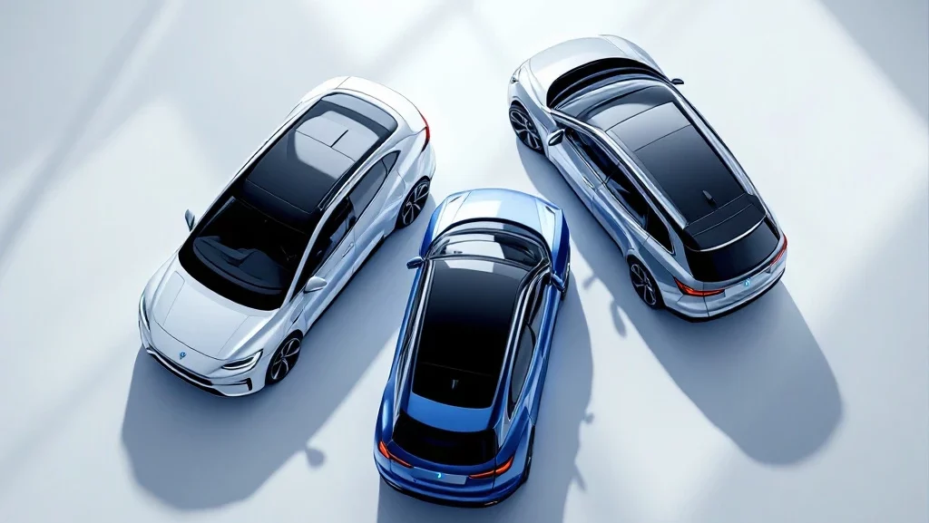 Drie elektrische auto's in driehoeksvormatie: compacte stadsauto, luxe sedan en SUV met metallic afwerking op witte achtergrond