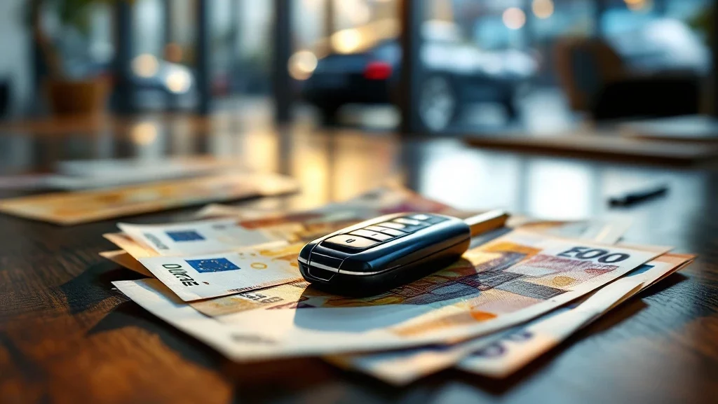 Euro bankbiljetten uitgespreid op houten bureau met autosleutel en luxe auto's op achtergrond, gouden verlichting