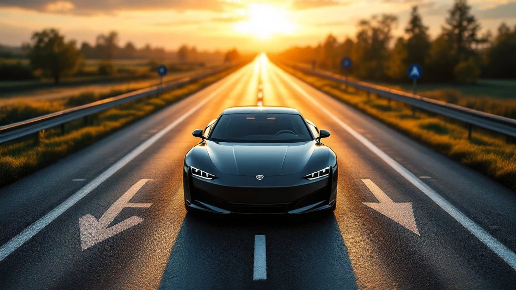 Moderne leasewagen op Europese grensovergang met Nederlandse wegmarkering tijdens gouden uurtje vanuit luchtperspectief