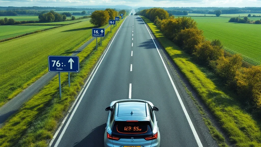 Zilveren leasewagen op Nederlandse snelweg met digitale kilometerteller dashboard en kilometerpaaltjes langs de weg