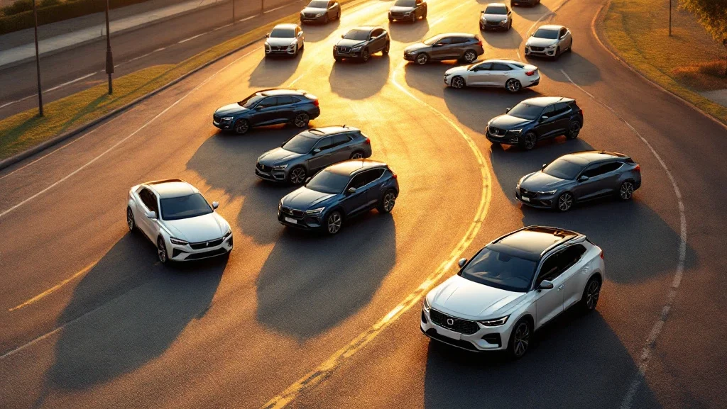 Luchtfoto van lease auto's in gebogen formatie: sedans, SUV's en stadsauto's op asfalt bij gouden uur verlichting