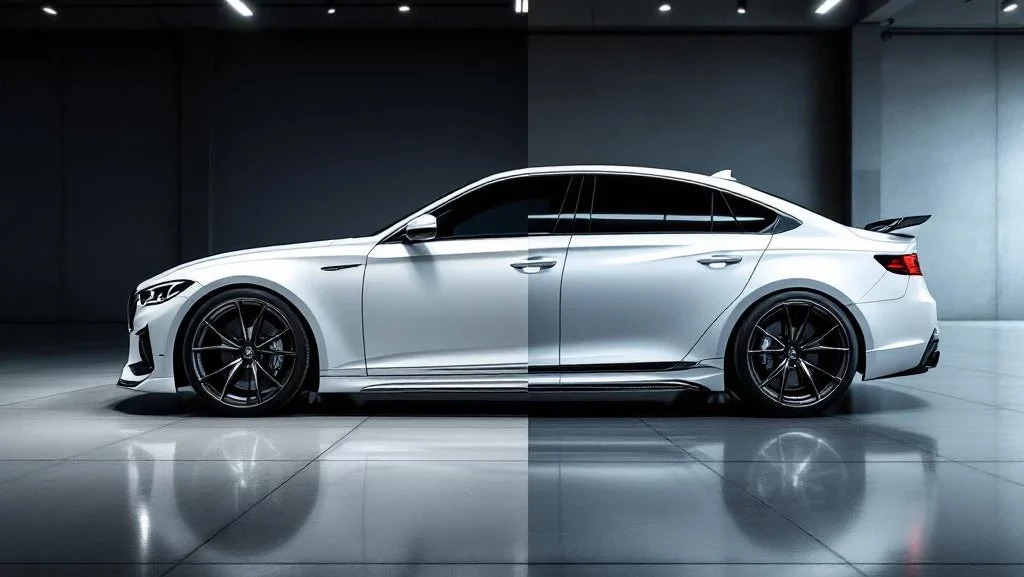 Witte luxe sedan in split-screen: standaard model links, aangepaste versie met bodykit en velgen rechts in showroom