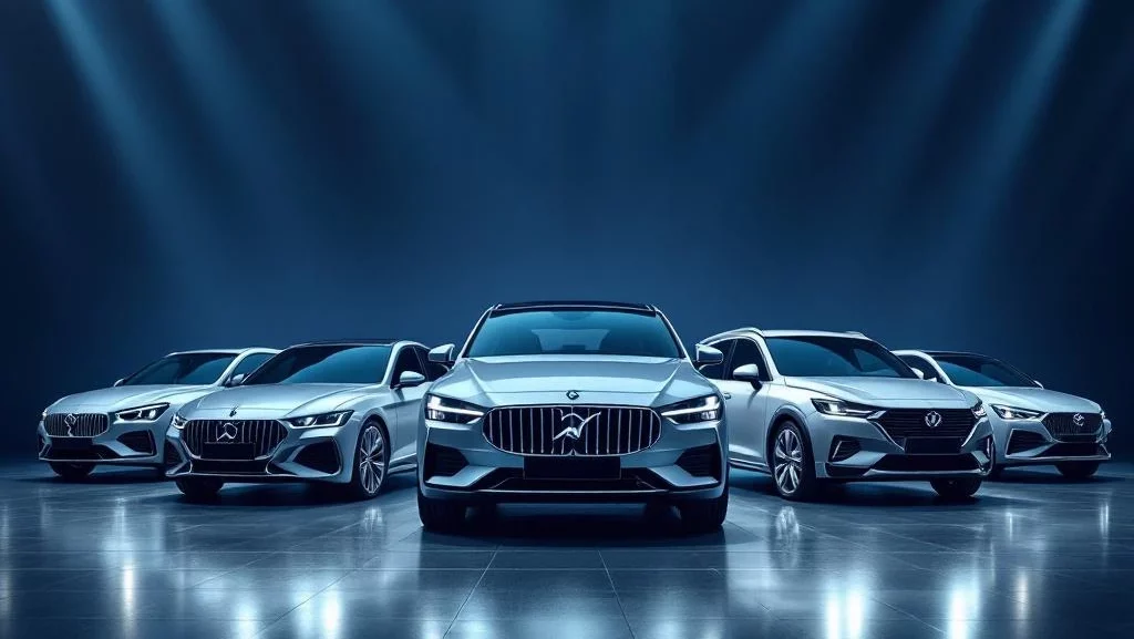 Rij moderne auto's in showroom met stadsauto's, luxe sedans en bestelwagens op glanzende vloer met professionele verlichting