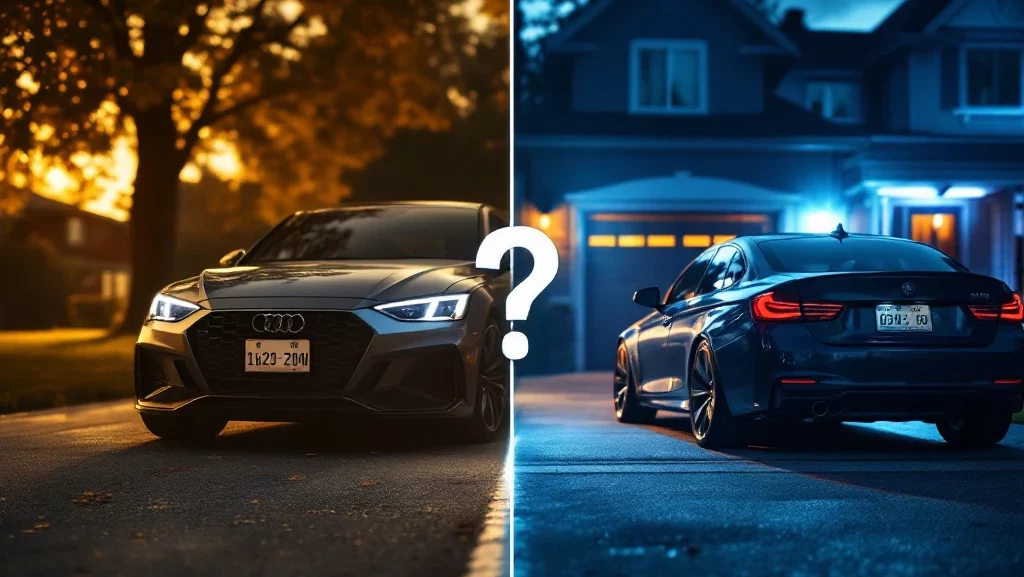 Vergelijking tussen auto shortlease met tijdelijke kentekens en auto-eigendom met garage, gescheiden door vraagteken