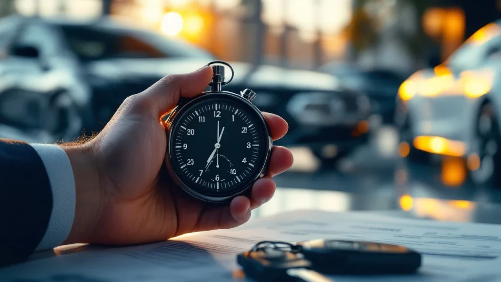 Handen houden stopwatch in autodealer showroom met sleutels en goedkeuringsdocumenten, snelle autofinanciering concept