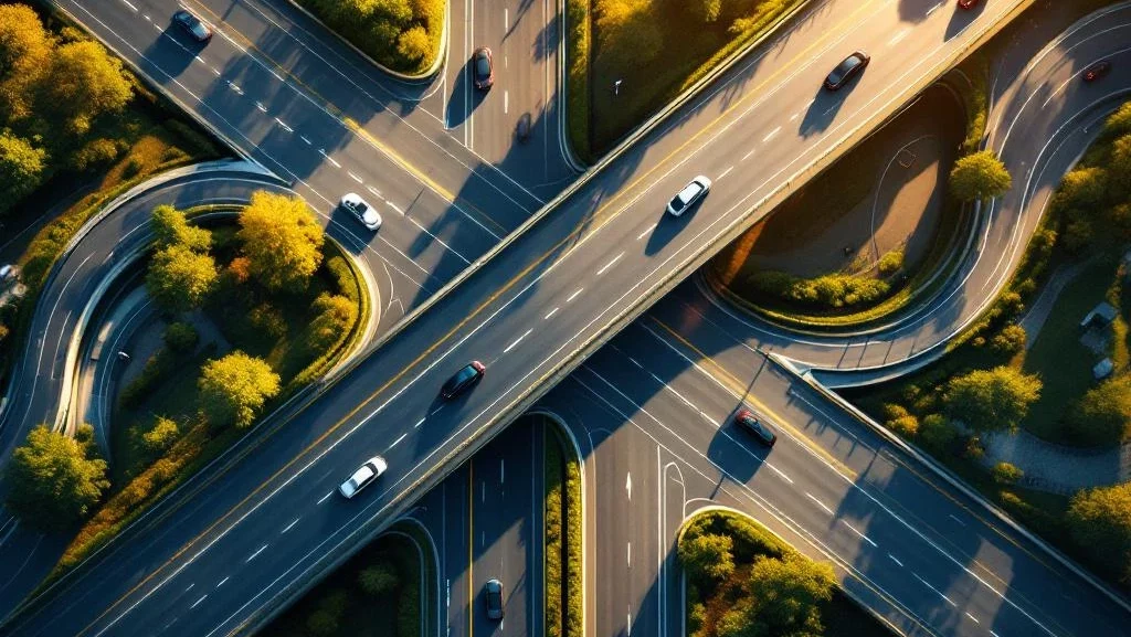 Luchtfoto van moderne snelwegkruising met meerdere afritten, auto's bij beslispunten, kantoorgebouwen en gouden licht