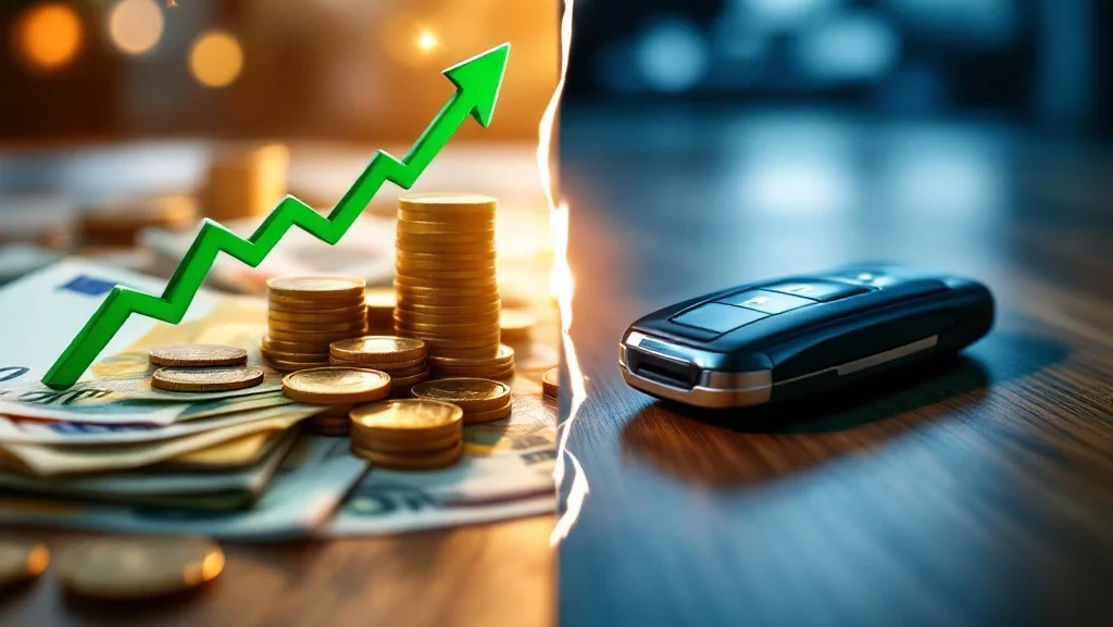 Euro bankbiljetten met stijgende pijl naast moderne autosleutel, vergelijking traditionele financiering versus shortlease