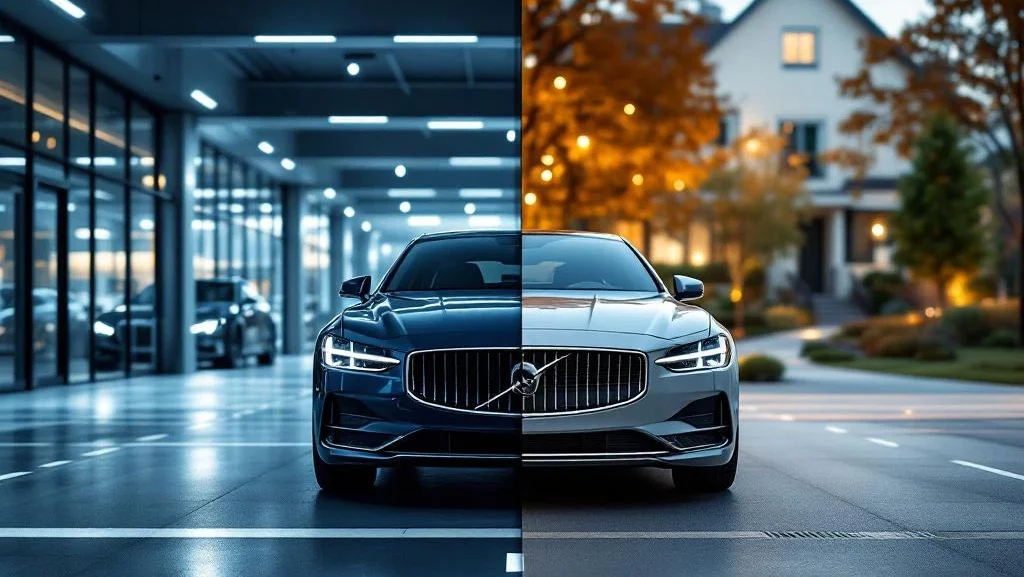 Zakelijke sedan in moderne parkeergarage naast familie-SUV op huisoprit, split-screen vergelijking lease-opties