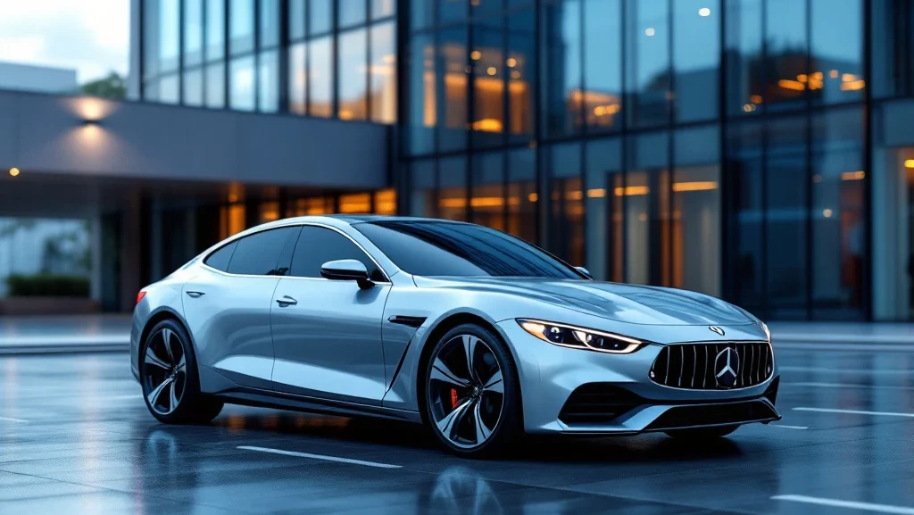 Zilverkleurige zakenauto op kantoorparkeerplaats met modern glazen kantoorgebouw op de achtergrond