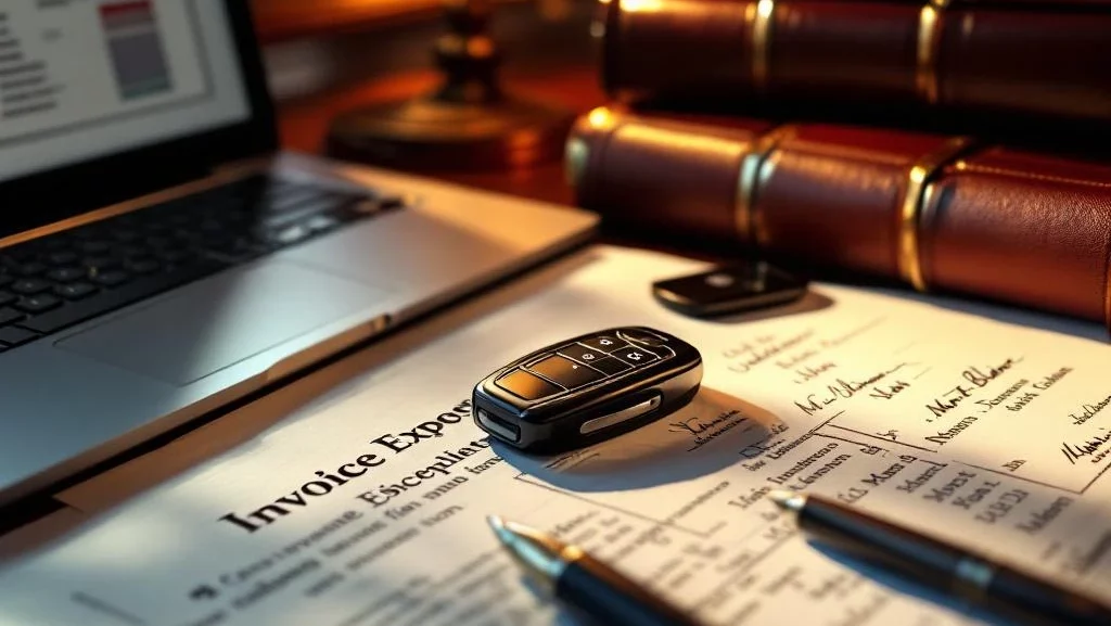 Luxe autosleutel op mahonie advocatenbureau met laptop, juridische documenten en wetboeken onder gouden bureaulamp