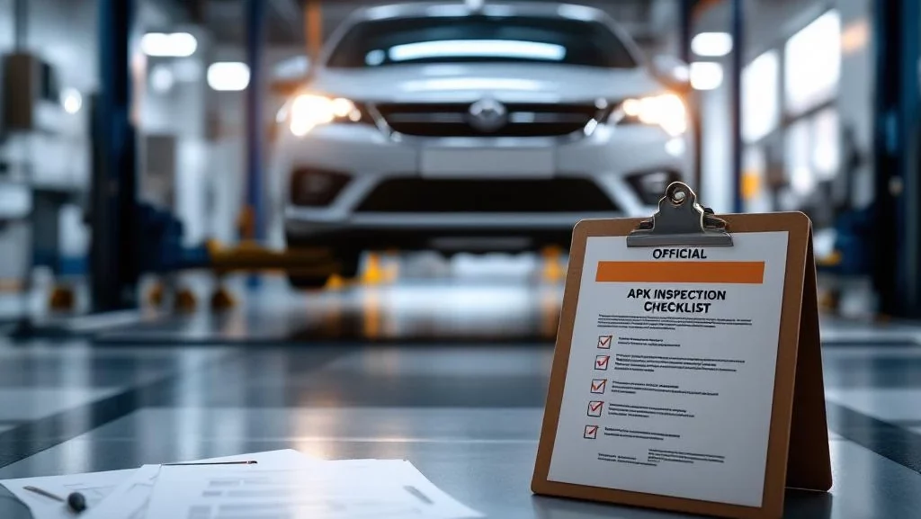 Auto op professionele hefbrug in heldere inspectiegarage met APK-keuringsdocumenten en diagnostische apparatuur