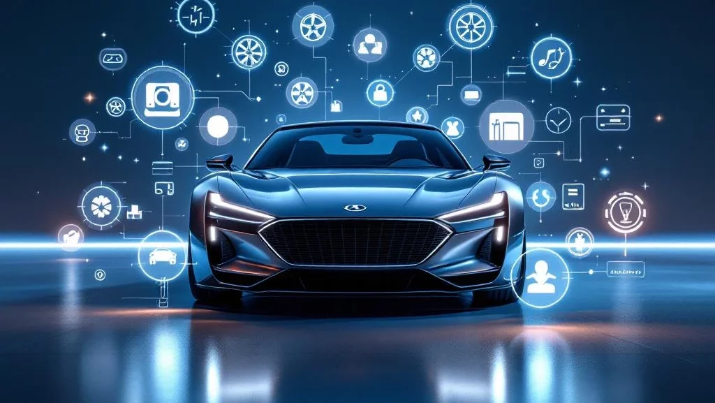 Moderne auto met zwevende aanpassingsiconen en holografische modificatiesymbolen in professionele studioverlichting