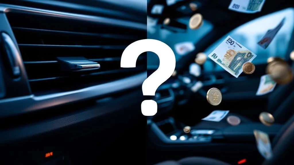 Moderne auto-airconditioning naast zwevende eurobiljetten en munten met vraagteken, kostenthema in blauw-zilver