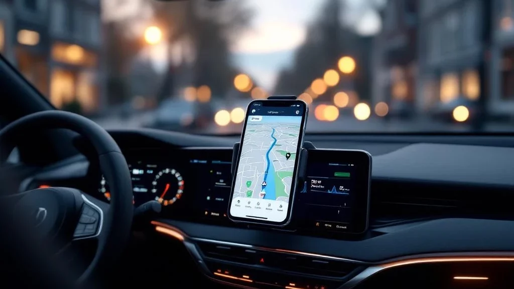 Smartphone op autodashboard toont GPS-navigatie met blauwe route, luxe zwart leren interieur, Nederlandse stad op achtergrond