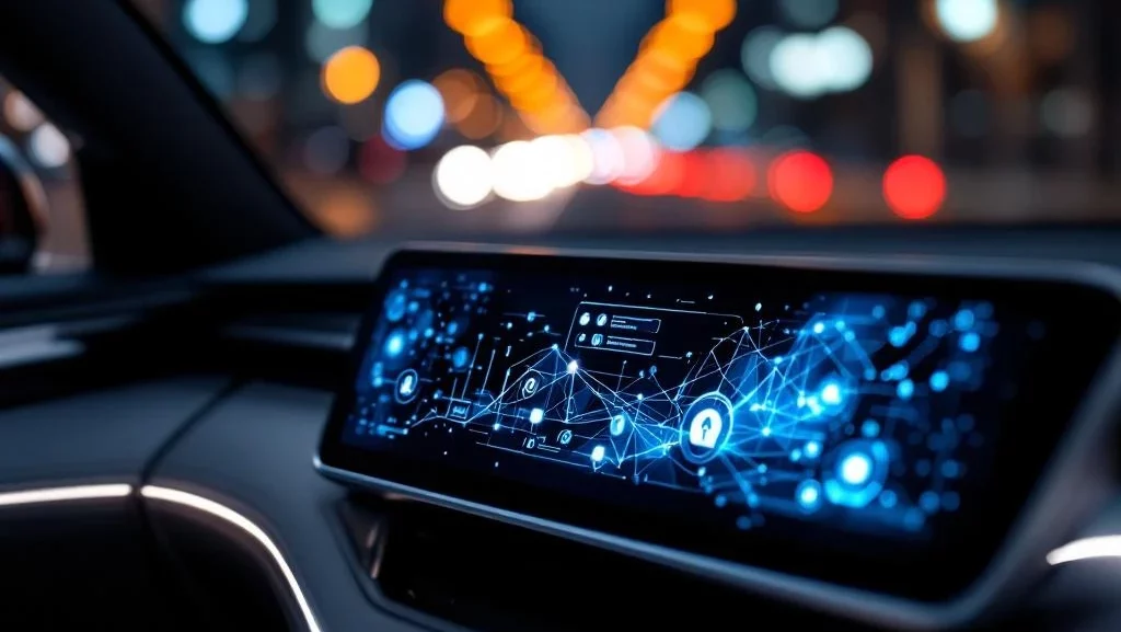 Moderne autodashboard met groot touchscreen met connectiviteitsiconen en draadloze signalen, stadsverlichting op achtergrond