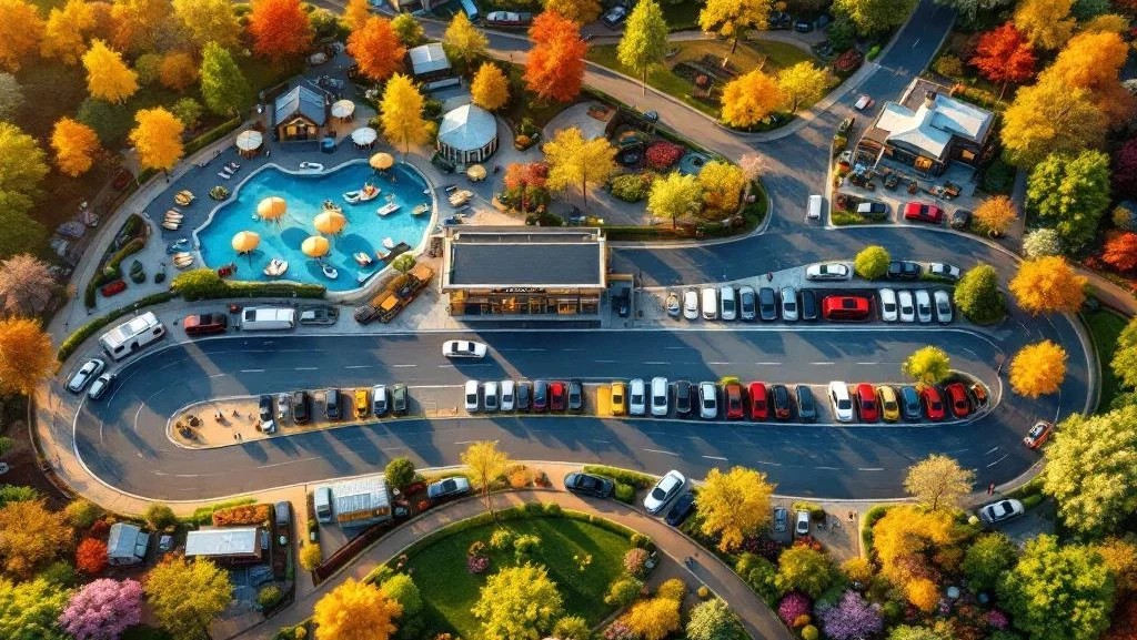 Luchtfoto van autohandelsterrein omringd door seizoensgebonden bedrijfszones met strand, skigebied, boomgaarden en tuinen