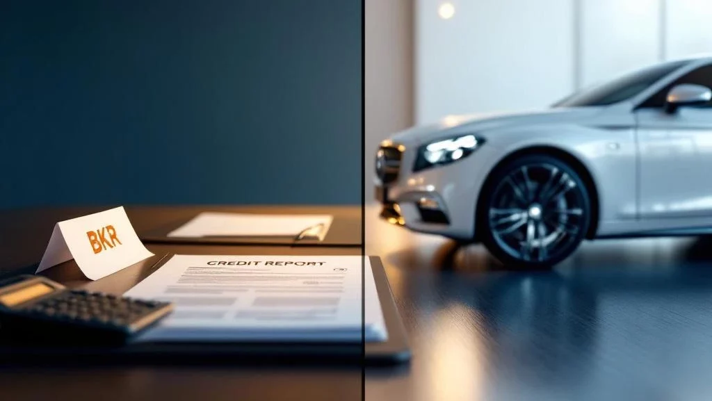 Luxe witte auto naast bureau met financiële documenten en BKR-rapport, split-screen compositie met professionele verlichting