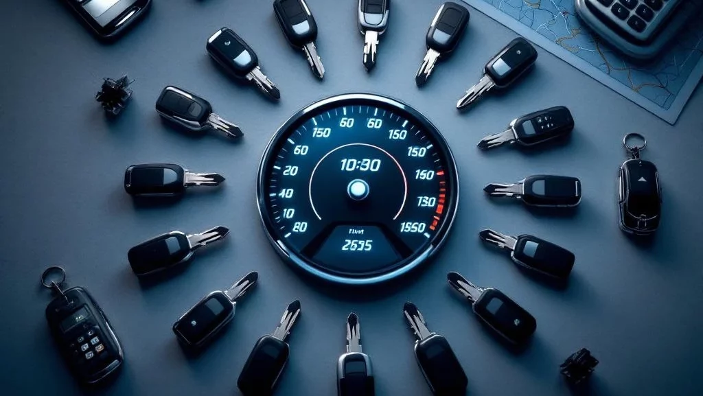 Autodashboard met digitale kilometerteller, autosleutels, calculator en routekaart voor voertuigwaardering