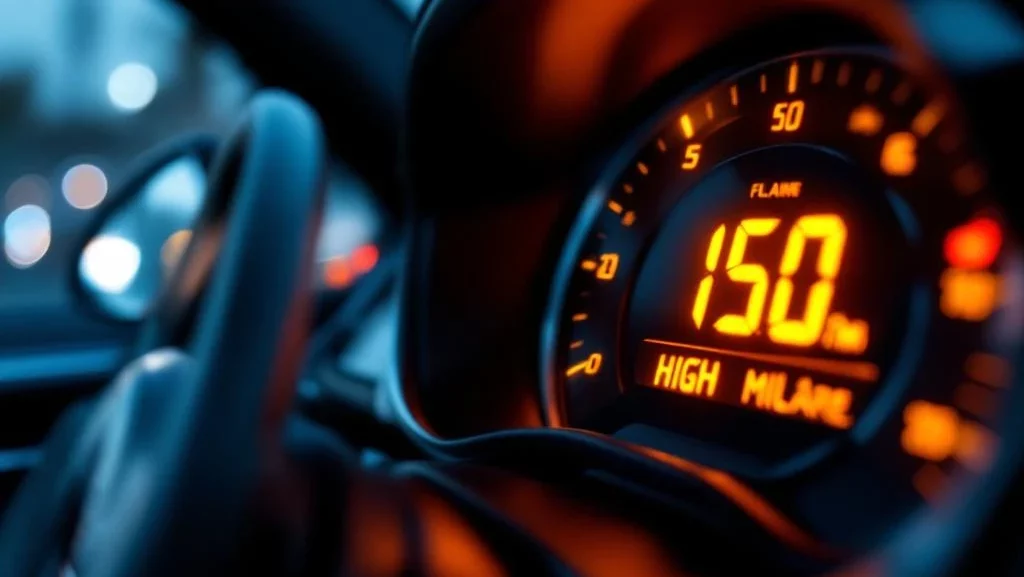 Close-up van digitale kilometerteller met hoge kilometerstand en amber waarschuwingslampjes op modern dashboard