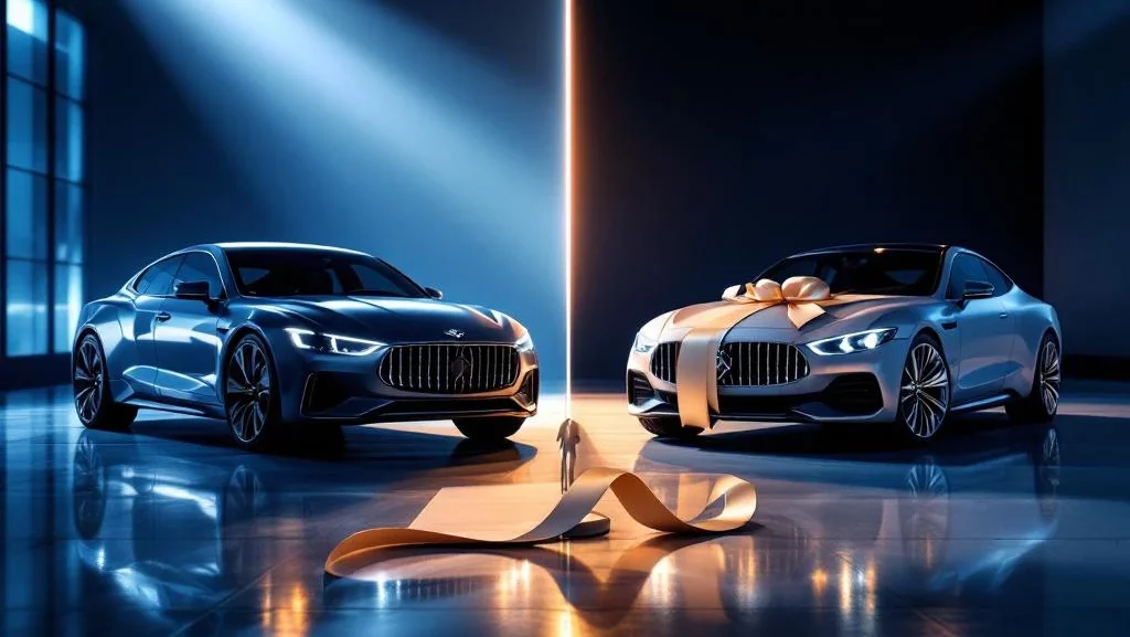 Twee moderne auto's in showroom: links met sleutel en eigendomspapieren, rechts met flexibel contractlint