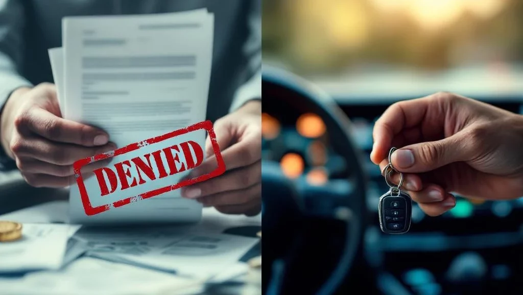 Handen houden autosleutels na goedkeuring, in contrast met afwijzingsbrieven en rekeningen aan linkerkant