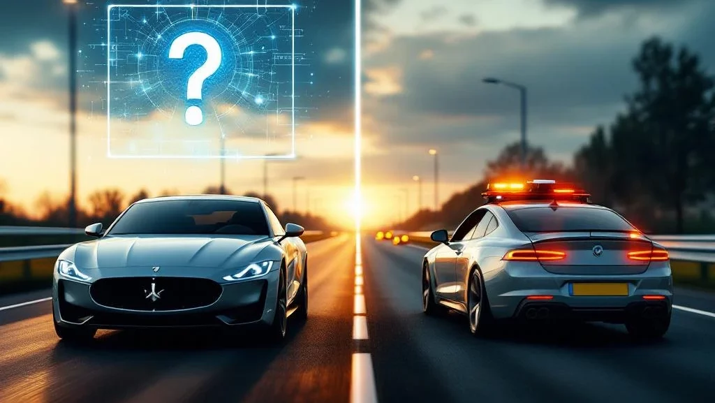 Vergelijking tussen geleasede auto met vraagteken en professionele begeleidingsauto op Nederlandse snelweg bij zonsondergang