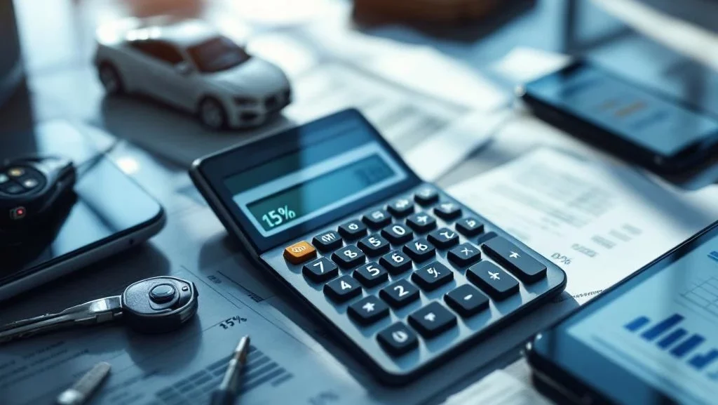 Moderne calculator op bureau met autosleutels, miniatuurauto en financiële documenten voor lease berekeningen