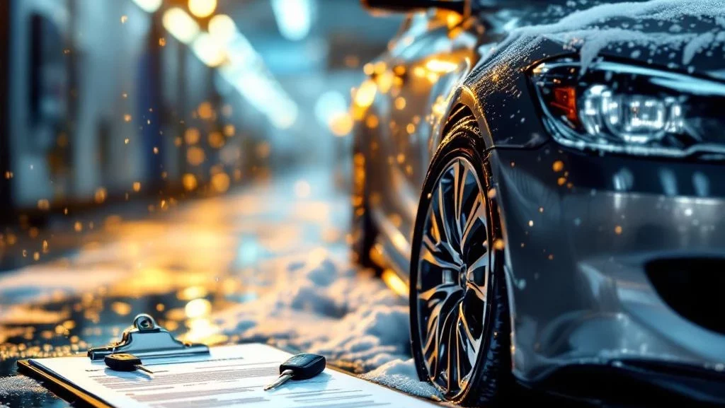 Luxe sedan wordt gewassen bij professionele autowasserette met contractpapieren en sleutels op voorgrond