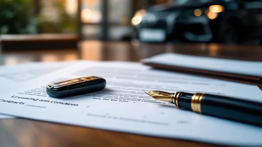 Autosleutel op juridische contracten en documenten op houten bureau met luxe auto op achtergrond, kort verhuur concept