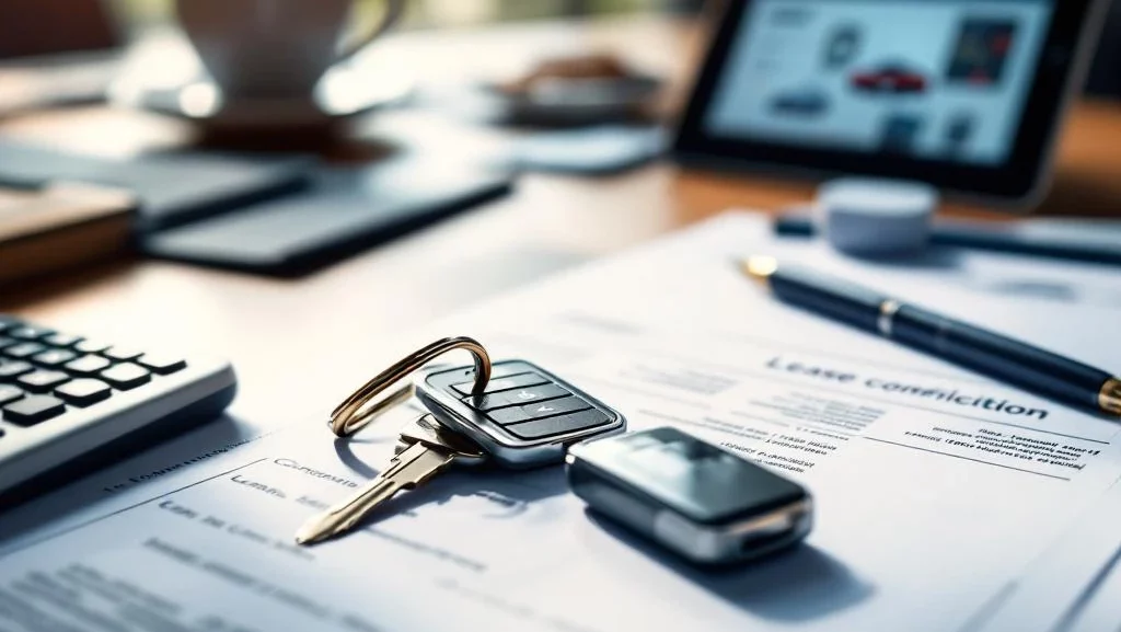 Autosleutels op leasedocumenten met calculator en pen op houten bureau, professionele zakelijke setting
