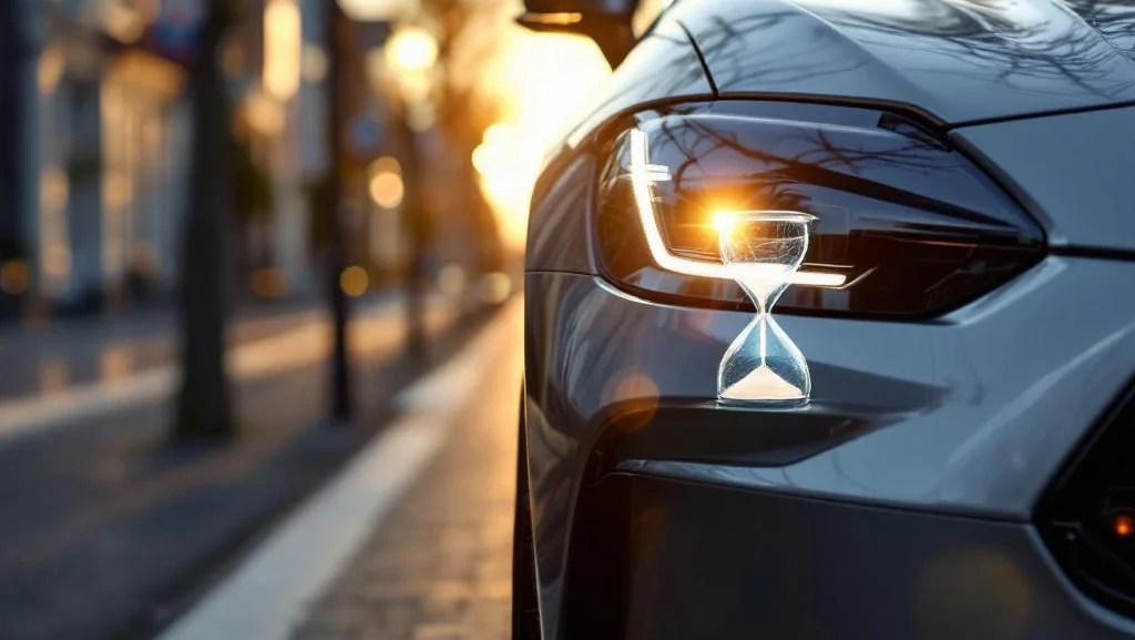 Zilverkleurige moderne auto in close-up op Nederlandse straat met gouden zonlicht en tijdssymboliek