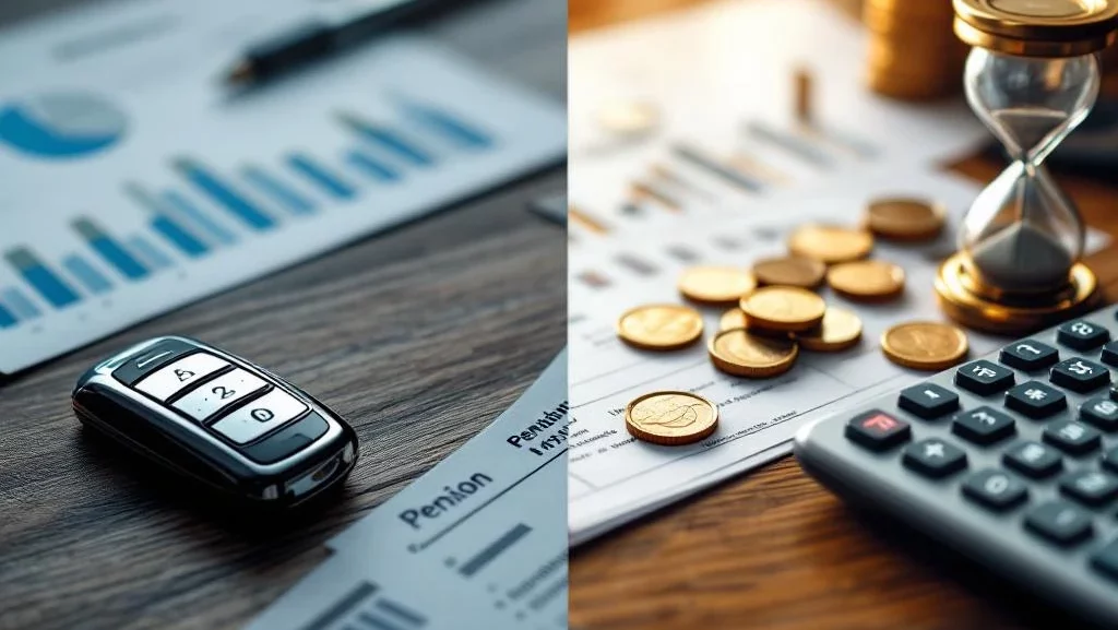 Auto sleutel naast financiële documenten en pensioengrafieken, calculator met munten en zandloper voor lease planning