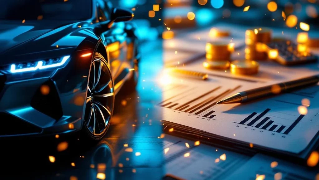 Moderne auto naast financiële documenten en rekenmachine, verbonden door datastromen in blauw-zilveren professionele setting