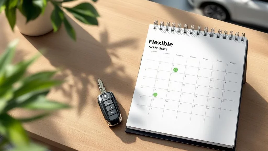 Autosleutel op houten bureau naast kalender met groene cirkels, lease-auto op achtergrond bij raam