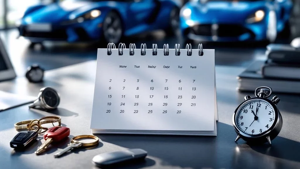 Bovenaanzicht van moderne werkplek met witte kalender, autosleutels, stopwatch en luxe voertuigen op achtergrond