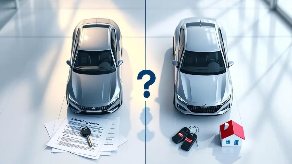 Auto leasen versus kopen vergelijking: links auto met huurcontract, rechts auto met verkocht-bord en huissleutels