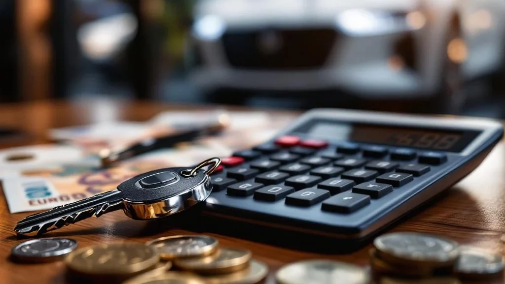 Autosleutel op rekenmachine met eurobiljetten en munten, luxe witte auto op achtergrond