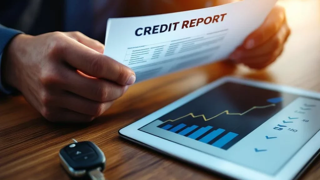 Handen houden officiële documenten en kredietrapport boven houten bureau met autosleutels en tablet op achtergrond