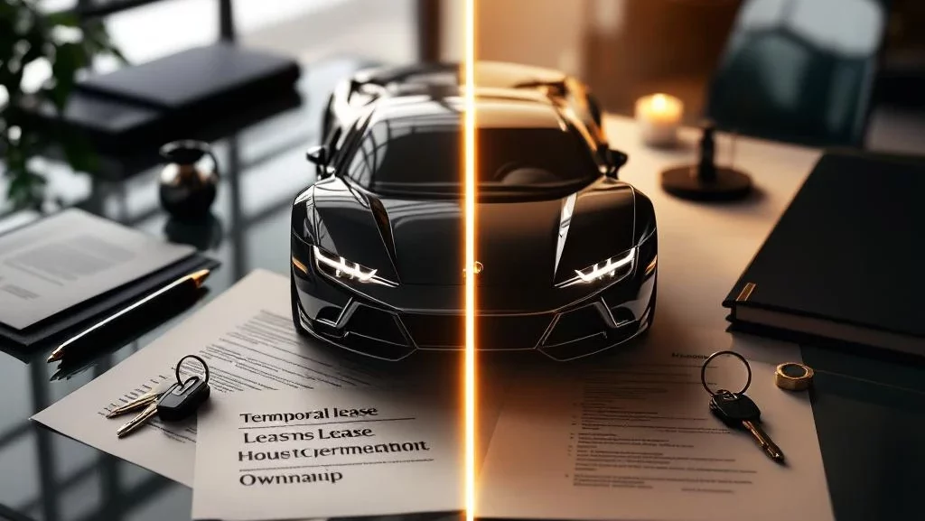 Moderne auto in split-screen compositie toont overgang van lease naar eigendom met contracten en sleutels op bureau