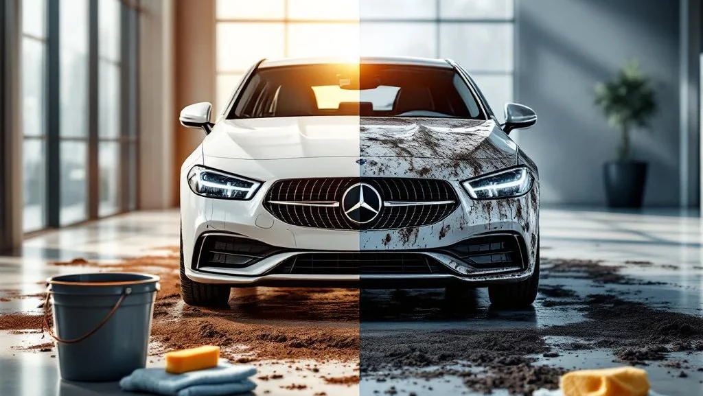 Schone en vuile geleasde auto's naast elkaar in autoshowroom met schoonmaakspullen op de vloer