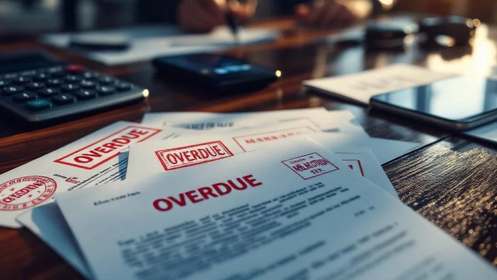 Mahonie bureau met juridische documenten gemarkeerd "ACHTERSTALLIG", rekenmachine en smartphone met gemiste oproepen