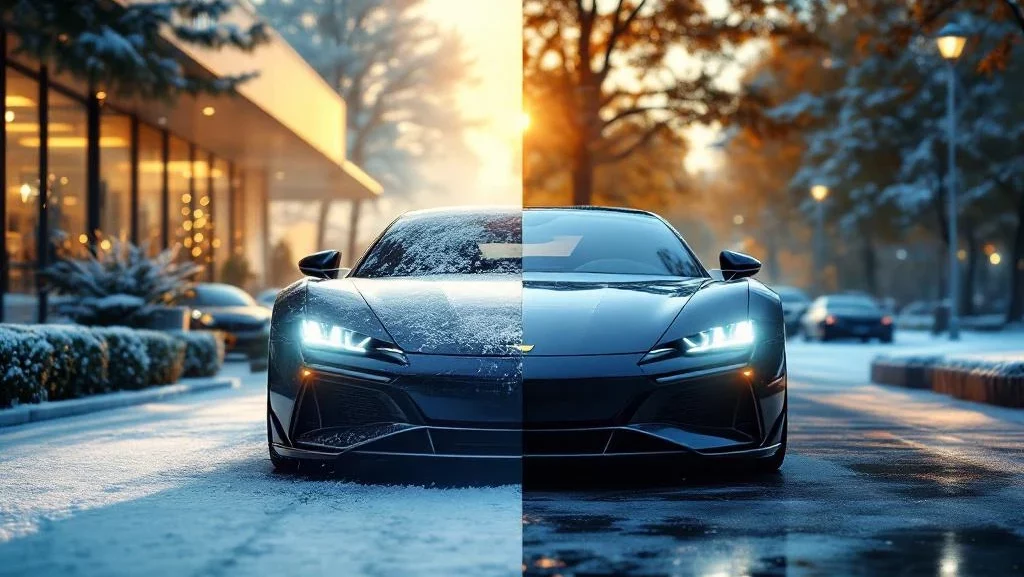 Luxe auto's in seizoenscontrast: winterse sneeuw en vorst links, zomerse zon en groen rechts op dealerterrein