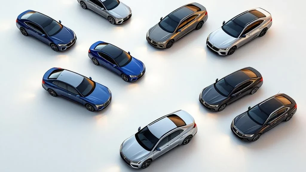 Luchtfoto van moderne auto's in gebogen formatie op witte achtergrond, van compacte stadsauto's tot luxe sedans