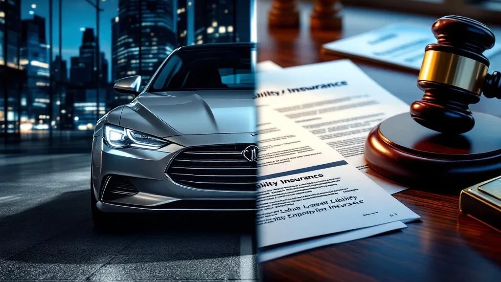 Zilveren leasewagen naast kantoorgebouwen en juridische documenten met hamer op houten bureau, gesplitste compositie