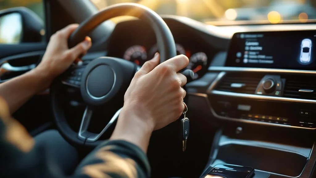 Jonge handen aan stuurwiel van moderne auto met sleutelhanger en smartphone op dashboard in zonlicht