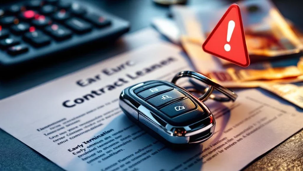 Autosleutel met contractdocument, rekenmachine en eurobankbiljetten met rode waarschuwing op bureau