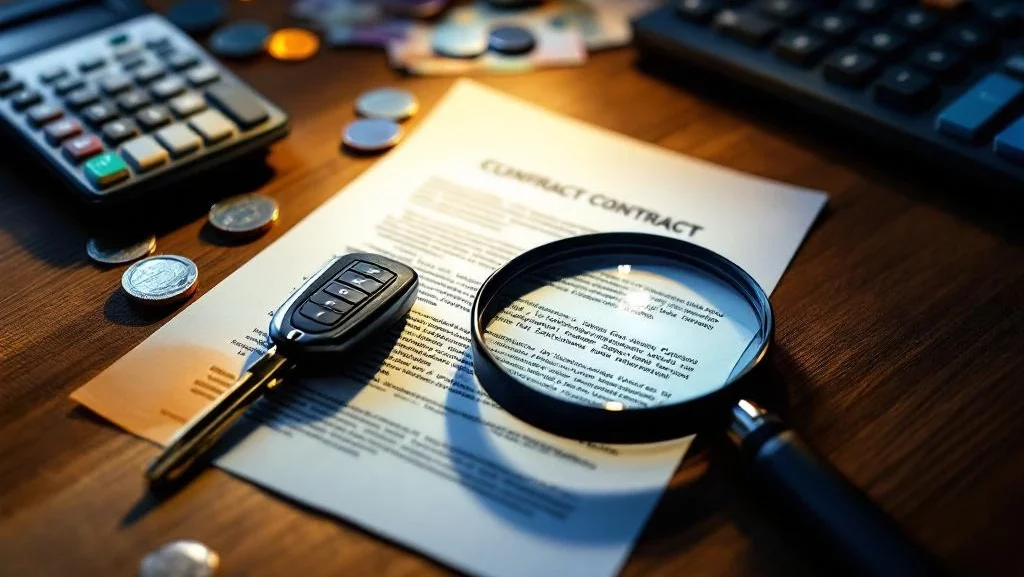 Autosleutel en rekenmachine op bureau met vergrootglas over leasecontract, omringd door eurobiljetten en munten


Note: This is 120 characters and includes the key elements while staying under the 125-character limit.